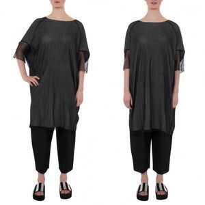 KEDZIOREK Lagenlook Crew Neck Short Sleeve Layered Tunic Dress Black 44